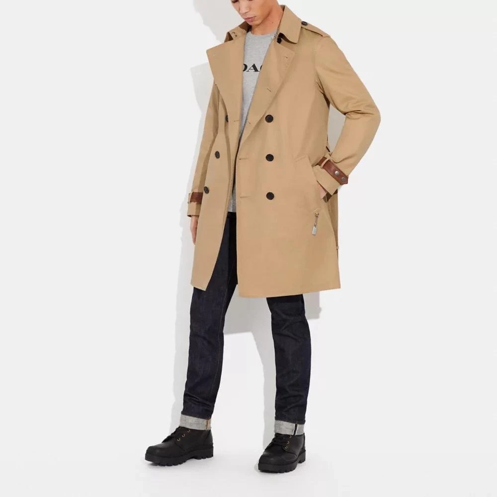 NWT COACH Men’s Trench Coat Khaki Beige Color Size XXL Leather details - Picture 2 of 16